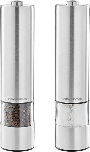 Andrew James Electric Salt and Pepper Grinder Set, Battery-Powered Pepper Mill with One-Touch Operation, Adjustable Coarseness & LED Light, Refillable Ceramic Salt, Pepper and Spice Grinder