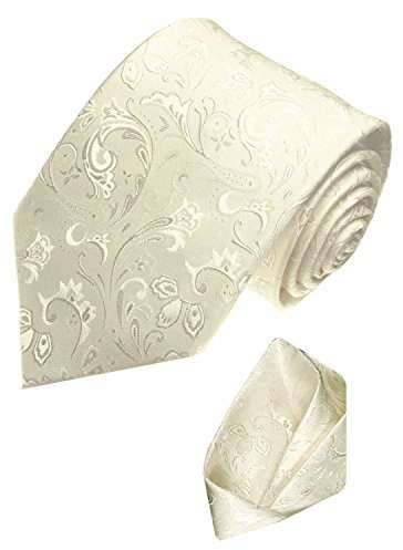 Lorenzo Cana - Hochzeitskrawatte Set 100% Seide Krawatte Tuch Ivory Elfenbein Creme Barock Krawattenset Hochzeit - 84349