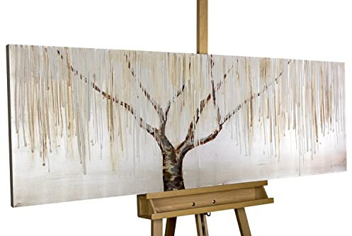 KunstLoft Leinwandbild | 100% HANDGEMALT | 150x50cm | Gemälde 'Trauerweide im Nebel' | Wald & Bäume | Beige | Wandbild Wohnzimmer