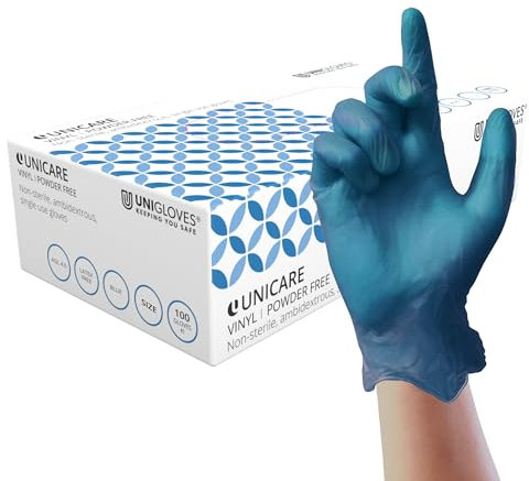 UNIGLOVES Unicare Blue Vinylhandschuhe - vielseitig einsetzbar, puder- und latexfreie Einweghandschuhe - Box mit 100 Handschuhen, blau, extra groß (GS0085)