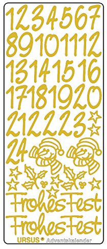 Ursus 593000103 - Kreativ Sticker Adventskalender, gold, 5 Stickerbögen mit Zahlen von 1 bis 24, selbstklebend, leicht abziehbar, zum Nummerieren von selbstgemachten Adventskalendern