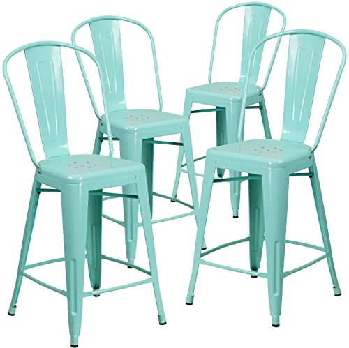 Flash Furniture Blake Handelsübliche Qualität, 61 cm hoch, Metall, für drinnen und draußen, Thekenhöhe mit Rückenlehne, Minzgrün, 4 Stück