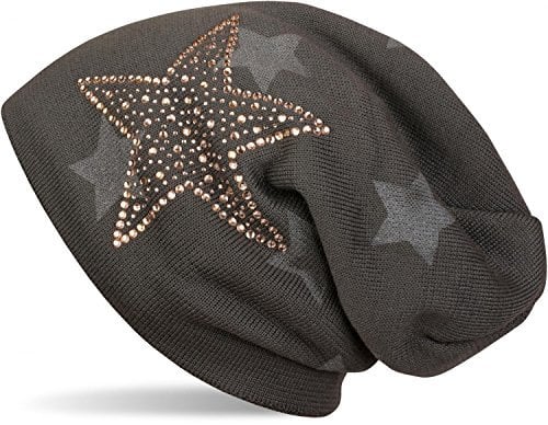 styleBREAKER warme Feinstrick Beanie Mütze mit All Over Stern Muster, Strass Stern und sehr weichem Fleece Innenfutter, Unisex 04024084, Farbe:Dunkelgrau