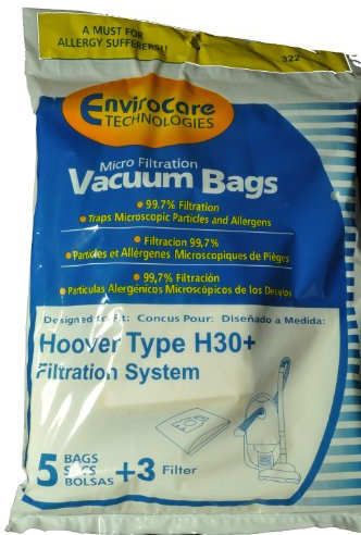 Hoover type H30 Bidon à sacs d'aspirateur, Envirocare de remplacement Sacs de marque, conçue pour s'adapter à Hoover Bidon type H30, 99,7 Microfiltration, 5 Sacs et 3 filtres en Lot
