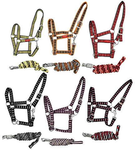 NETPROSHOP 1 Set Pferde Halfter und Strick Gemustert - Pony Cob Full XLFull, Groesse:Pony, Farbe:Grau/Orange