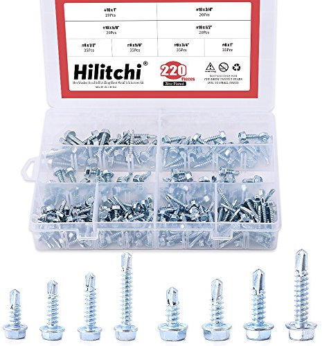 Hilitchi 220-Pieces Zinc Plated Hex Washer Head Self Drilling Sheet Metal Tek Screws Assortment Kit