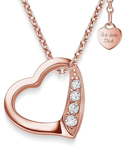 Herzkette Halskette Damen Rosegold (Silber 925 vergoldet) Kette mit Herz-Anhänger Ich liebe Dich mit Zirkonia-Steinen Schmuck Geschenke für Frauen Sie Freundin mit Gravur zum Jahrestag Liebesgeschenk