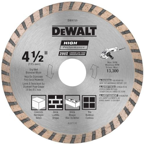 DEWALT Diamond Blade for Masonry, Dry Cutting, Continuous Rim, 7/8-Inch Arbor, 4-1/2-Inch (DW4725)