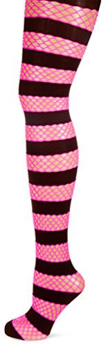 Leg Avenue Collant Filet et Bandes Noir/Rose Fluo Taille Unique