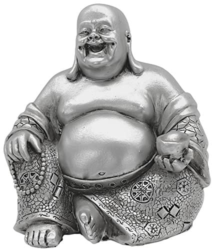 Bellaa 25761 Lachender Buddha Statue Glücklich sitzend 15,2 cm (silberner Buddha)