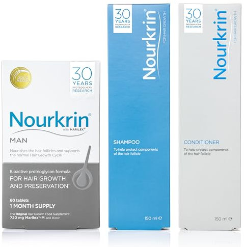 Nourkrin Man for Hair Growth and Hair Preservation food supplement with Marilex-M biotin and fenugreek (180 tablets with shampoo and conditioner)