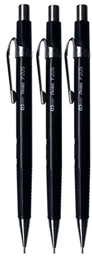 Pentel P205 Lot de 3 critériums rechargeables avec gomme Noir Série P200 P205-A 0,5 mm