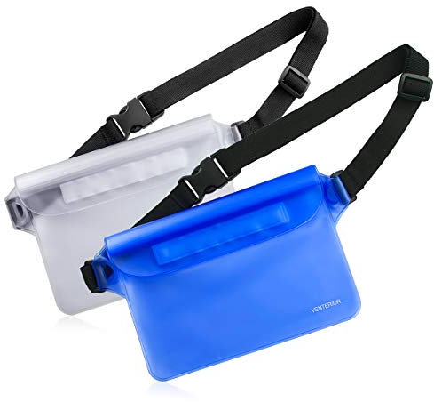 Wasserdichte Hüfttasche, 2er-Pack, Strandzubehör, wasserdichte Bauchtasche zum Schwimmen, Schnorcheln, Segeln, Kajakfahren, Pool, Wasserparks, halten Sie Ihr Handy sicher und trocken (Blau und Weiß)