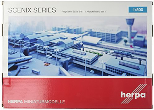 herpa HE520362 – Flughafen Basis Set 1 in Miniatur, 14 Terminal Gebäude, Miniaturmodell, Airport für Sammler, Flugzeugmodelle, Bastler, Modellbausatz, Kleinmodell, 400 Teile – Maßstab 1:500