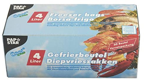 Papstar 14161, 60 Gefrierbeutel, LLDPE 4 Liter, 40 x 25 cm, transparent in Box