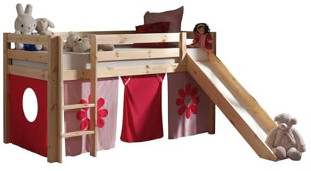 VIPACK PICOHSGB1073 Spielbett Pino mit Rutsche und Textilset Pink Flower, Maße 210 x 114 x 218 cm, Liegefläche 90 x 200 cm, Kiefer massiv natur lackiert
