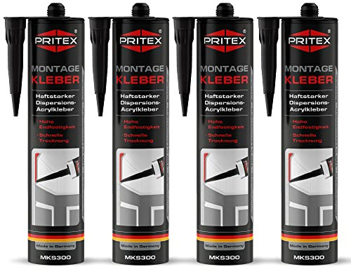 PRITEX – Profi Montagekleber Weiß 4x 300 ml – Baukleber für Holz-Paneele, Kabelkanäle, Sockelleisten, Styropor, Fliesen, Beton uvm. – haftstarker Universalkleber auf Acrylatdispersion-Basis für innen