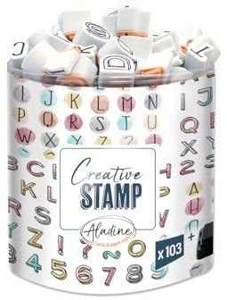 Aladine - Stampo Scrap Mini Alphabet – Stempelset für kreative Karten – Scrap, DIY, Basteln – Stempelset zum Mitnehmen + schwarzes Stempelkissen – Mini-Labet-Thema