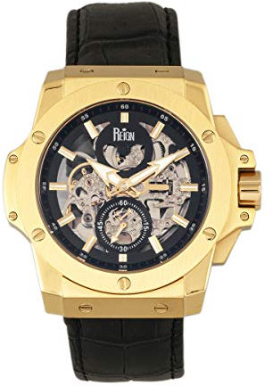 Reign Commodus Automatic Skeleton Leather-Band Watch, Gold/Black, One Size, REIRN4004