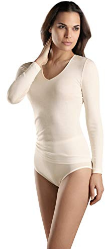 HANRO Damen Langarm-V-Neck Shirt Arm Woolen Silk, Elfenbein (cygne 0795), 36/38 (Herstellergröße: XS)