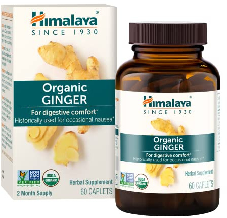 Himalaya Organic Ginger, 60 Day Supply - Digestive Health Supplement for Nausea, Upset Stomach Relief, and Occasional Bloating and Heartburn - USDA Organic, Vegan, Non-GMO, Gluten Free, 60 Caplets