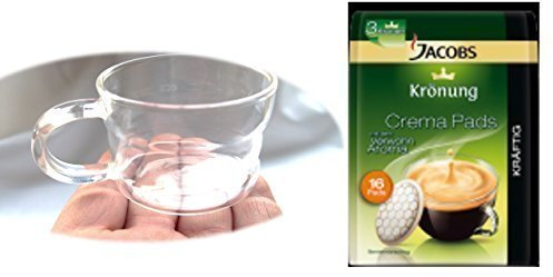 Jacobs Kaffeepads Krönung Crema Kräftig 16 Stk + Design Glastasse, Kaffeetasse, Kaffee, Tasse, Glas, 200ml, 4er Pack im Geschenk Karton