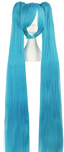 MapofBeauty Side Part Pony Ombre Länge Gerade Haarfasern Zwei Pferdeschwanz Synthetische Fibre Lolita Cosplay Anime Perücke (Cyan Blau)