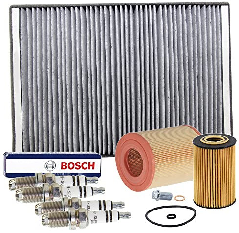 Inspektionspaket SET C 1x Ölfilter 1x Luftfilter 1x Innenraumfilter (Pollenfilter) mit Aktivkohle 4x Zündkerze BOSCH Super Plus FR8KTC+ 1x Ölablass-Schraube 1x Dichtring für Ölablass-Schraube