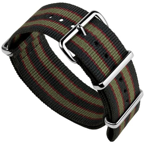 Geckota Vintage Bond 1973 Britisches Militär Nylon Herren Ersatz Uhrenarmband. Dunkelblau, rot und olivgrün gestreift. Robustes, schnell trocknendes und sicheres Uhrenarmband. Schwarze Schließe, 20 mm