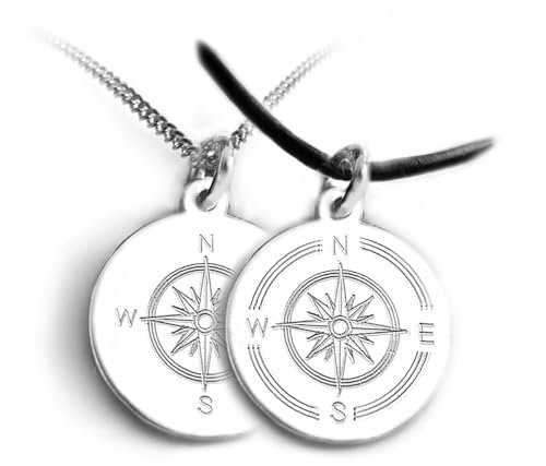LATIGGA Kompass Kette, 925 Silber, individuelle Gravur, Anhänger Windrose, Silberkette oder Lederband