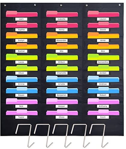 Heavy Duty Storage Pocket Chart für Klassenzimmer mit 30 Nametag Taschen, 5 Overdoor Aufhänger enthalten, Hanging Wall File Organizer für Ordner, Aufgaben, Dateien (schwarz)