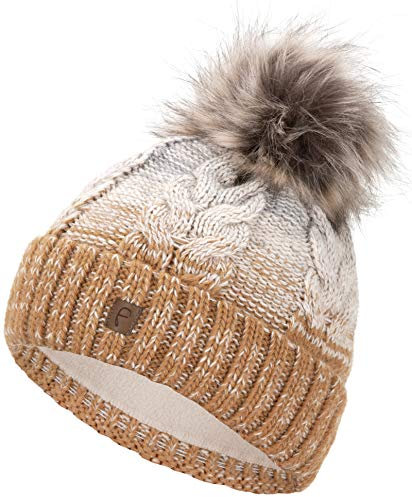 Faera Wintermütze Mütze Damen warm gefüttert mit Kunstfell Bommel-Mütze Fleecefutter Winter Strickmütze Beanie, Farbe:Hellbraun