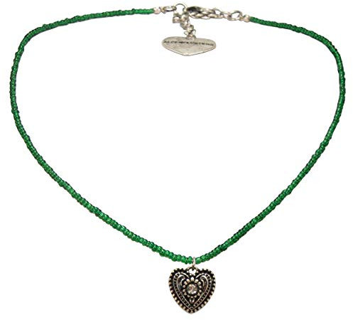 Alpenflüstern Filigrane Mini-Perlenhalskette Trachtenherz - Damen-Trachtenschmuck mit antik-Silber-farbenem Trachtenherz, Dirndlkette grün DHK268