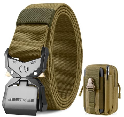 BESTKEE Herren Taktischer Gürtel, Arbeitsgürtel Schwerlast Gürtel, Militärstil mit Schnellverschluss Metallschnalle 38MM Breite, Geschenk mit taktischem Molle Beutel und Haken,Braun