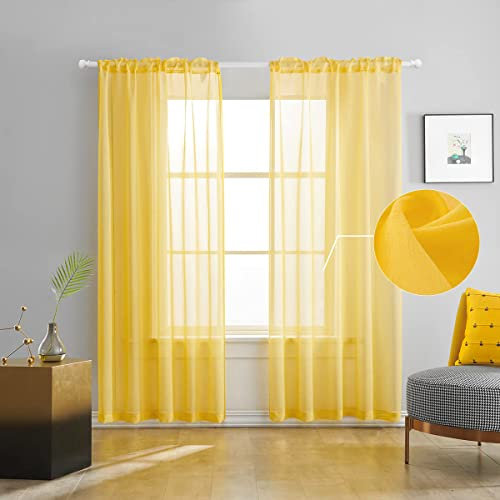 TOAVA DECO Buttergelbe transparente Vorhänge, 183 cm lang, halbkünstliches Leinen, für Schlafzimmer, Wohnzimmer, Mädchen, Kinderzimmer, 2 Paneele, 132 x 183 cm Länge, Gold