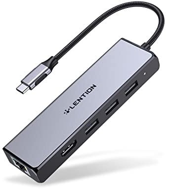 LENTION Hub USB C Dongle con Gigabit Ethernet, HDMI 4K, 3 USB 3.0 para MacBook Pro 2024-2016, Nuevo Mac Air & Surface, Chromebook, etc, Adaptador con Stable Driver Certificado (C25, Gris Espacial)