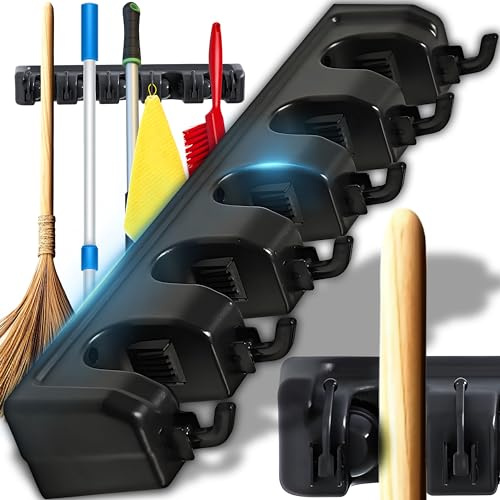 Retoo Besenhalter für Wand, 5 Greifer, 6 Haken, bis 15 kg, 44 cm, ABS | Für Stiele 19–35 mm, selbstklemmende Gummirollen, Schrauben und Dübel inklusive, schwarz