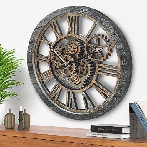 Große Wanduhr, Wanduhr für Wohnzimmerdekoration, Real Moving Gears Wanduhr, Moderne Vintage-Retro-Industrieuhren für Heimdekoration (Industrielles Mitternachtsgrau mit Bronzezahnrädern,18 INCH)