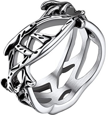 FaithHeart Edelstahlring für Herren Männer Jesus Dornenkrone Ring Punk Krone Dorn Fingerring in Größe 57 Biker Bandring mit Geschenkebox für Paar Pärchen