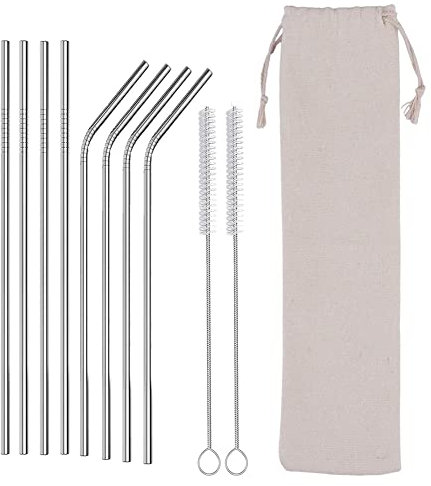 Hooton Homeware Metal Reusable Straws and Cleaner, Set of 8 Coloured Stainless Steel Drinking Straws 21.5cm 0.06cm 8.5'' (4 Straight + 4 Bent + 2 Brushes with Bag Case) (Silver)