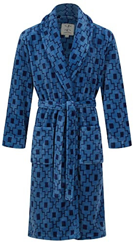 John Christian Vestaglia Uomo in Caldo Pile, Motivo Geometrico Blu (XXL)