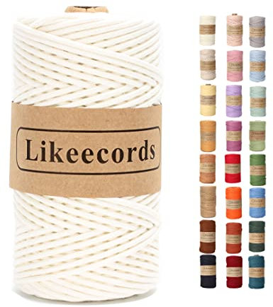 Likeecords Makramee Garn Geflochten 3mm x 100m,100% Natürliches Baumwollschnur Makramee-Schnur, Makramee-Seil, Bunte Bastelkordel aus Baumwolle für Taschen, Wandbehänge, Pflanzenaufhänger (Weiß)
