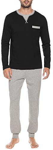 Winovia Pigiama da uomo a maniche lunghe in cotone – Set pigiama con girocollo e polsini – Comodo completo due pezzi Loungewear tuta da casa abbigliamento da notte con dettagli a contrasto, Nero , L