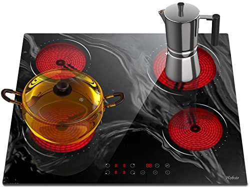 Glaskeramikkochfeld 4 Zonen Kochfeld, Marmor Glas, Sensor-touch Control, Glaskeramikkochfeld Autark 60cm, Kochfelder, 6000W, 9 Leistungsstufe, verkabelt, kein Stecker, LH09