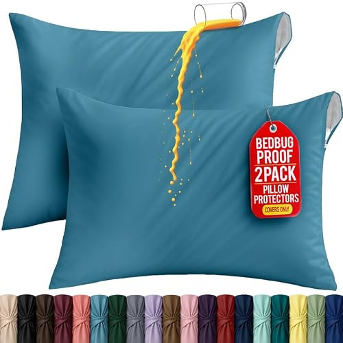 Set of 2 Pillow Protectors with Zipper Queen Size, Pillow Covers | Ultra Soft Pillow Encasements, Bed Bug & Dust Mite Proof, Breathable & Waterproof Pillow Cases by Utopia Bedding, Denim Blue
