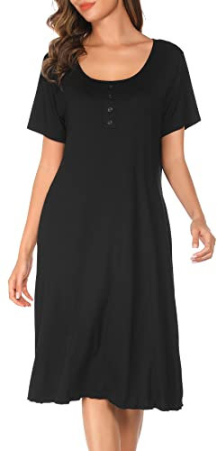 Vlazom Women's Nightdress, Ladies Soft Nighties U-Neck Nightshirts Short Sleeve Sleep Dress Nightgown Sleepwear, C-Black, XXL