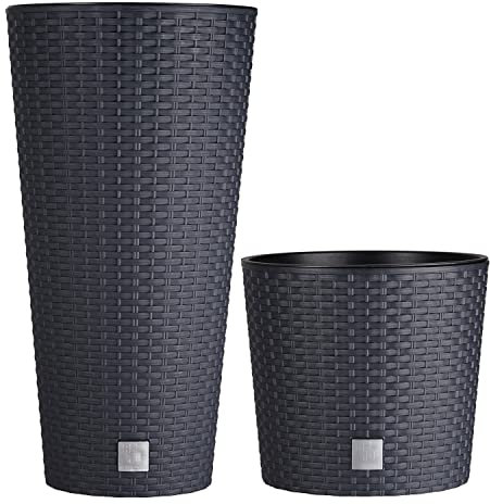 Tymar Blumentopf mit Einsatz,2-er Set, Gross, Rattan, Blumenkübel aus Kunststoff, Übertopf, Runde Form, Innen- und Außenbereich (Anthrazit Set, ø 30 cm)