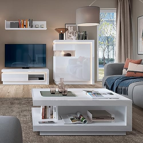 Wohnmöbel Set, Highboard & Wandboard & TV Lowboard & Couchtisch, weiß Hochglanz mit Beleuchtung