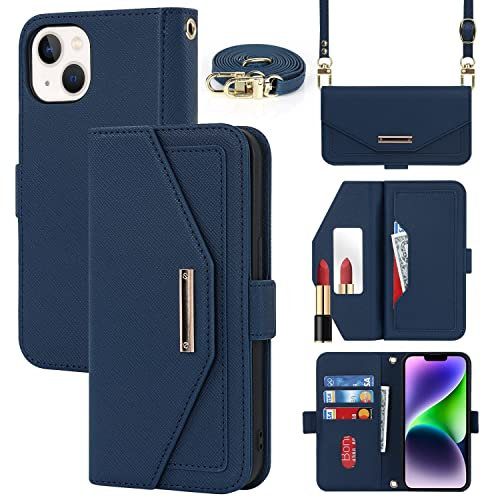 Cavor Case compatible with iPhone 14 Plus Phone Case With Strap,Crossbody Flip Leather Wallet Case,[5 Card Holder][Mirror][Magnetic],Lanyard Case Cover for women - Blue