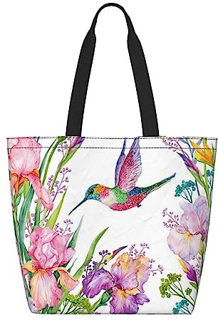 OHWODA Geschwungene Kamille Blumen Fliegende Schmetterlinge gedruckt Große Kapazität Einkaufstasche Umhängetasche Wiederverwendbare Einkaufstasche Tragetasche Handtasche Tasche, Garten mit Vögeln und